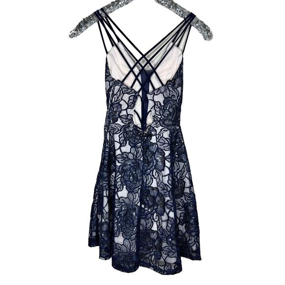 B Darlin Floral Lace Fit and Flare Dress Dark Blue 1/2 - Picture 2 of 13